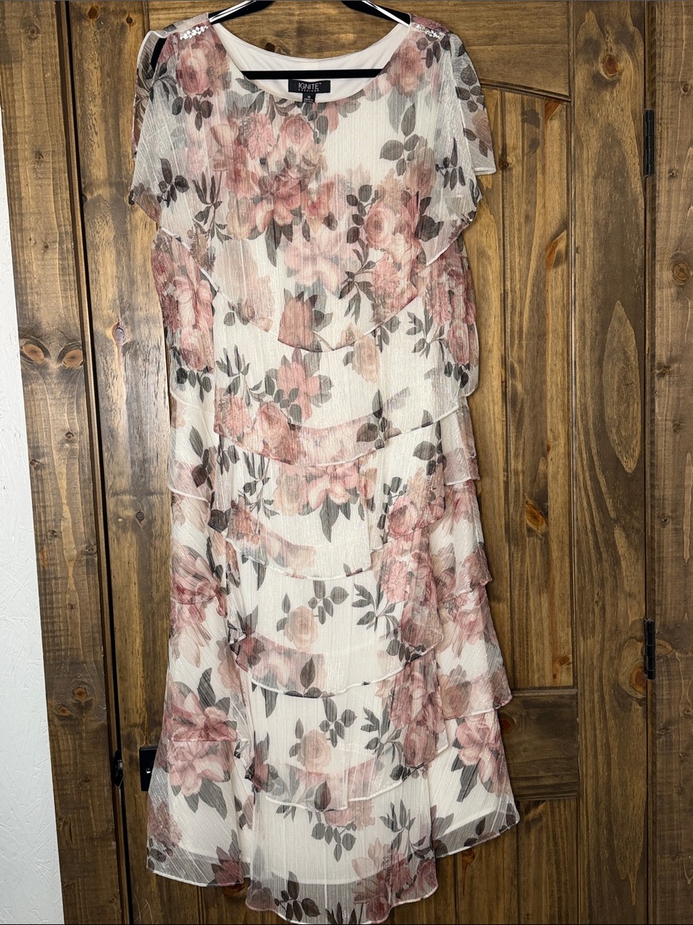Romantic Cream Midi Dress with Pink Floral Print Semi Formal